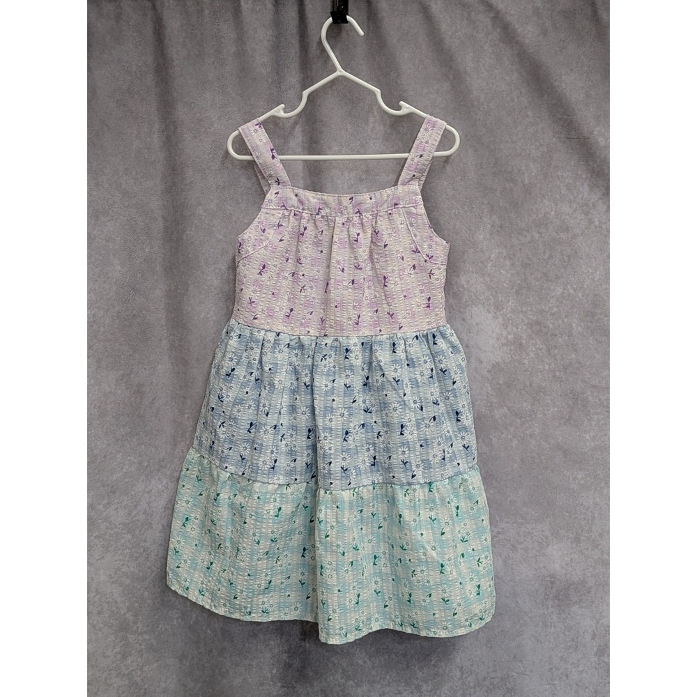 Btween Girls Pastel Tiered Floral Gingham Sundress Size 6 Purple Blue Green